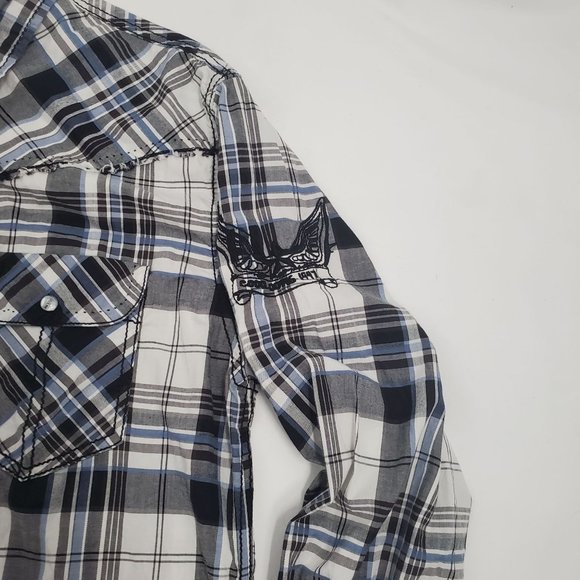 BKE Men's Slim Fit Stretch Blue/Gray Plaid Snap Front Long Sleeve Shirt X-Large - Picture 6 of 12